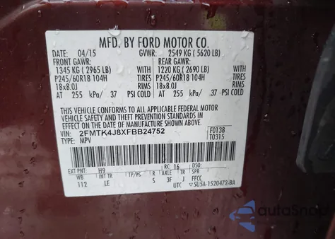 2015 Ford Edge Sel z USA, uszkodzony, nr VIN 2FMTK4J8XFBB24752